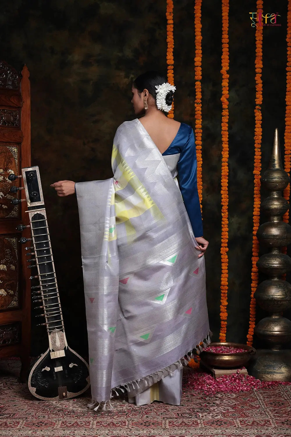 Handloom Lemon & Grey Pure Silk Kanchipattu Saree