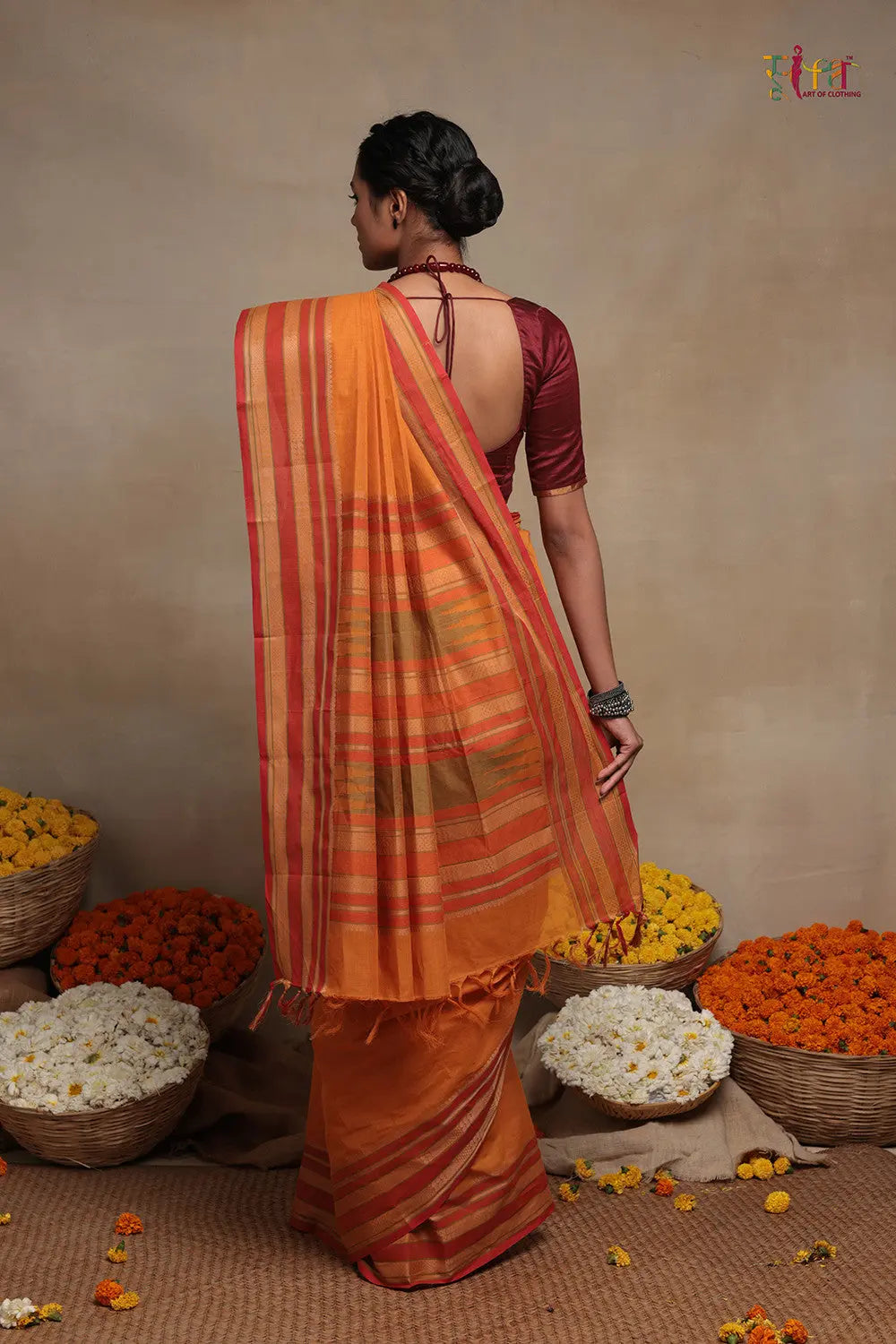 Handloom Atomic Orange Pure Cotton Kanchi  Saree
