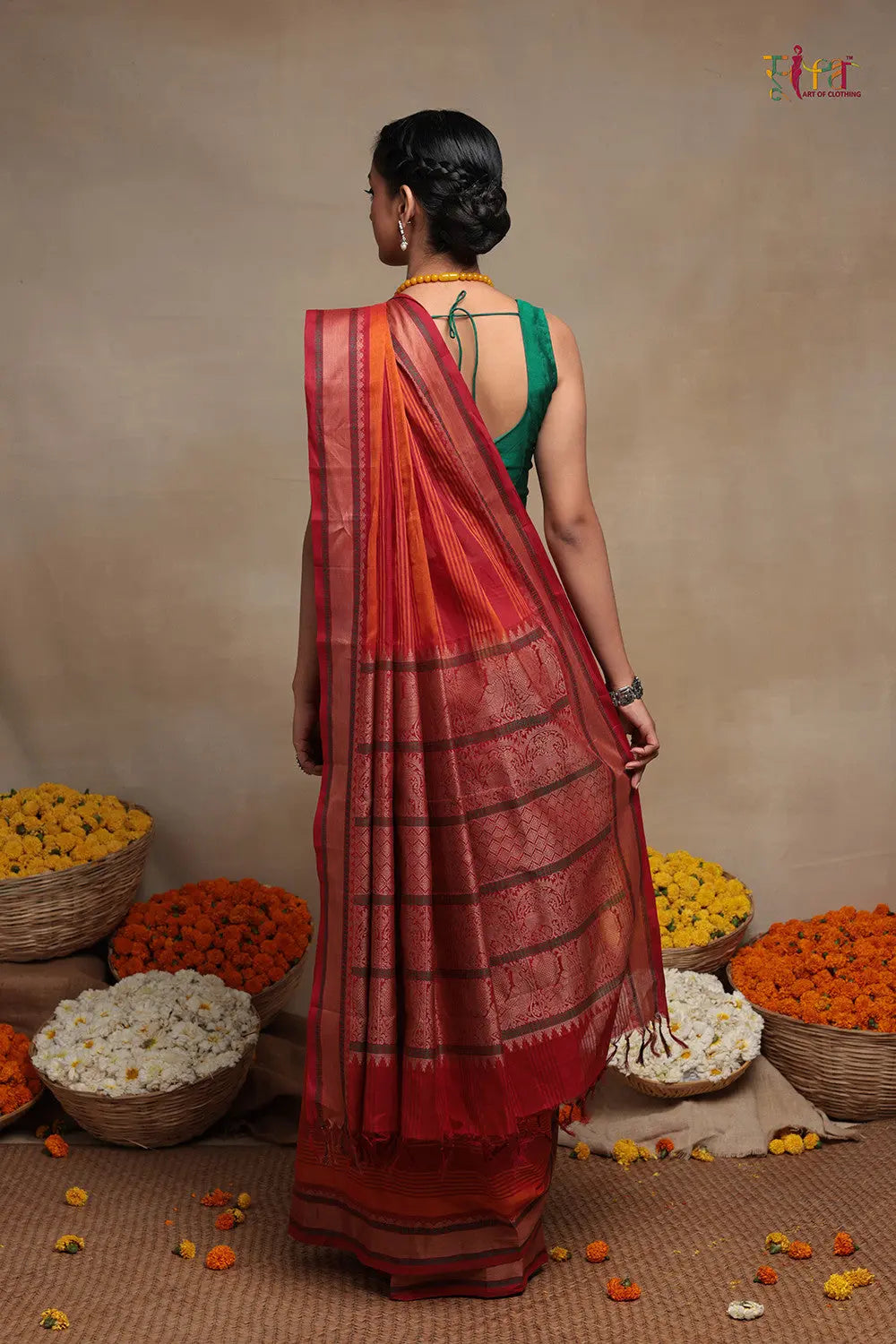 Handloom Orange & Red Pure Cotton Kanchi Saree