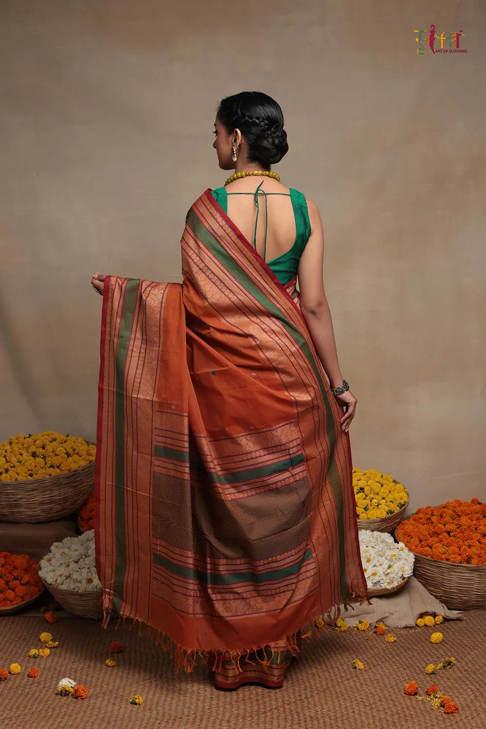 Handloom Bright Orange Kanchi Cotton Saree