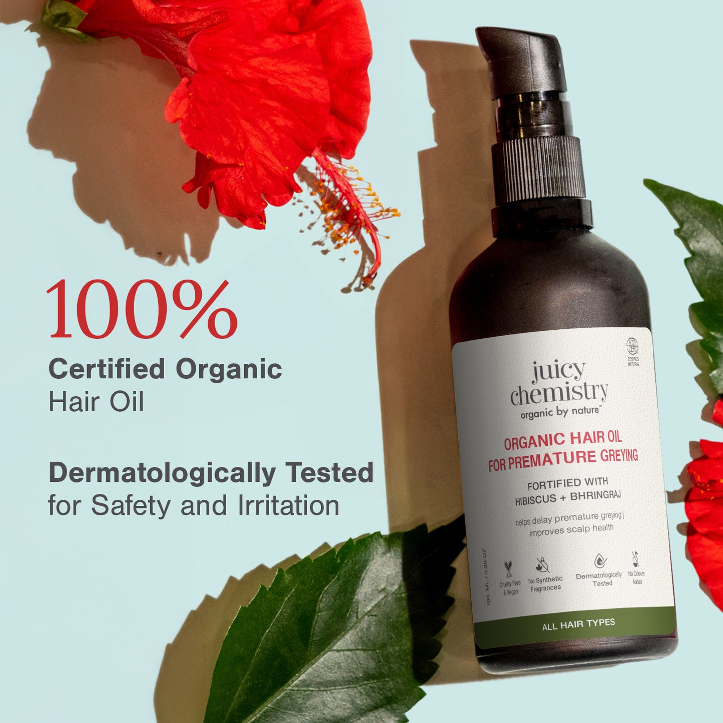 Juicy Chemistry Hibiscus Amla & Bhringaraj Fortifying Hair Oil, 100 ml | Natural Ayurvedic Formulation with Clinically Proven 10-Herb Oil Blend | Strengthens Roots, Reduces Hair Fall & Breakage | Cruelty Free & Vegan
