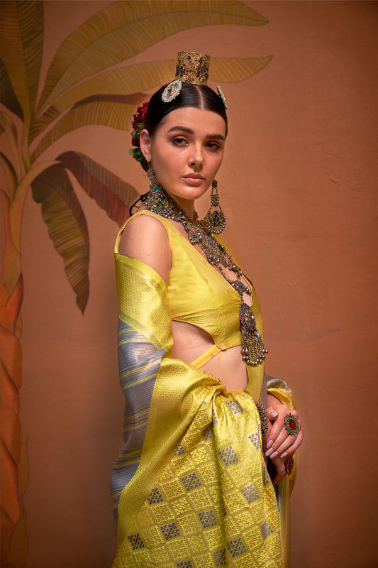 Yellow and Grey Kalamari Handloom Silk Saree