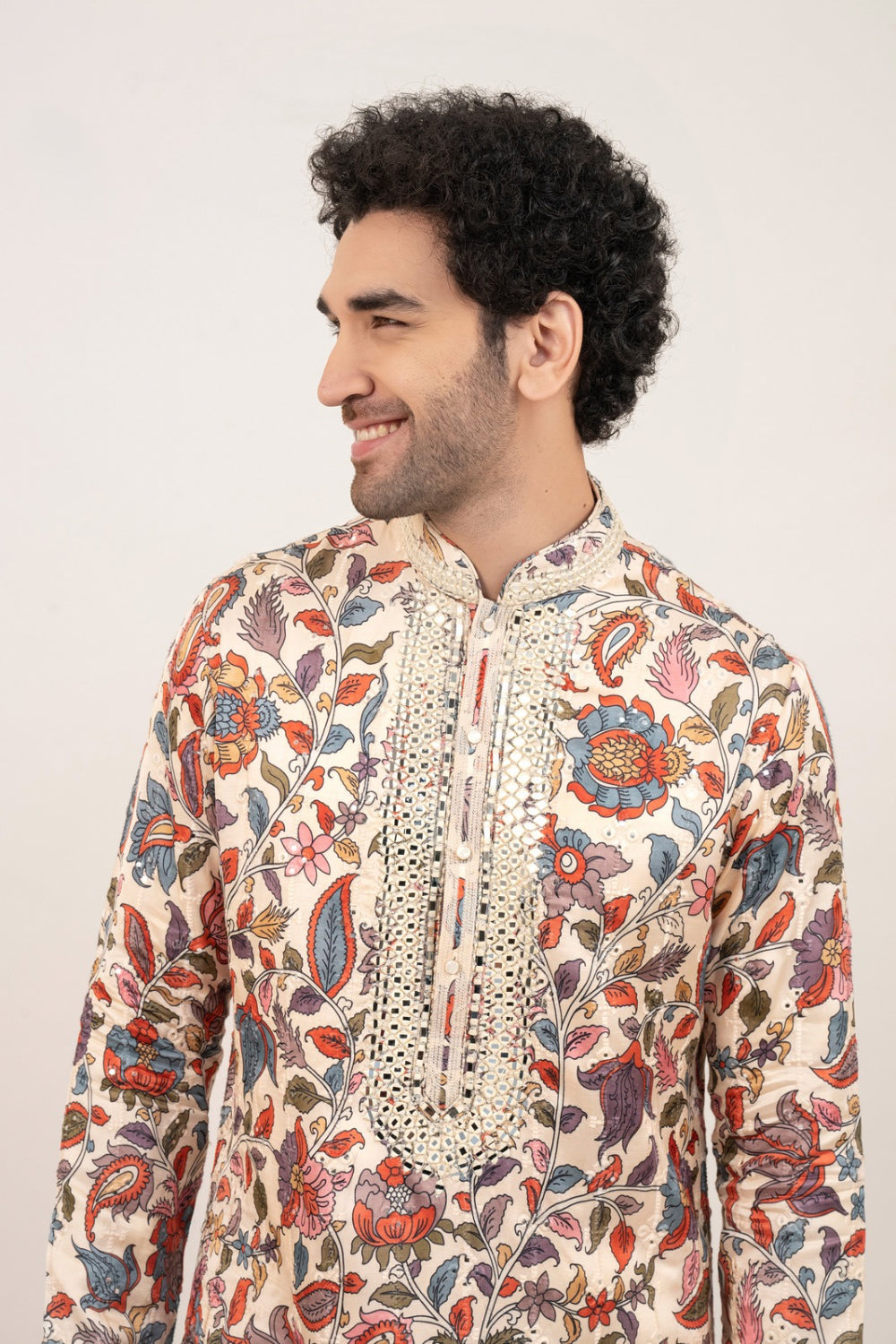 Multicolour resham embroidered satin lenin kurta set with kasab and mirror work