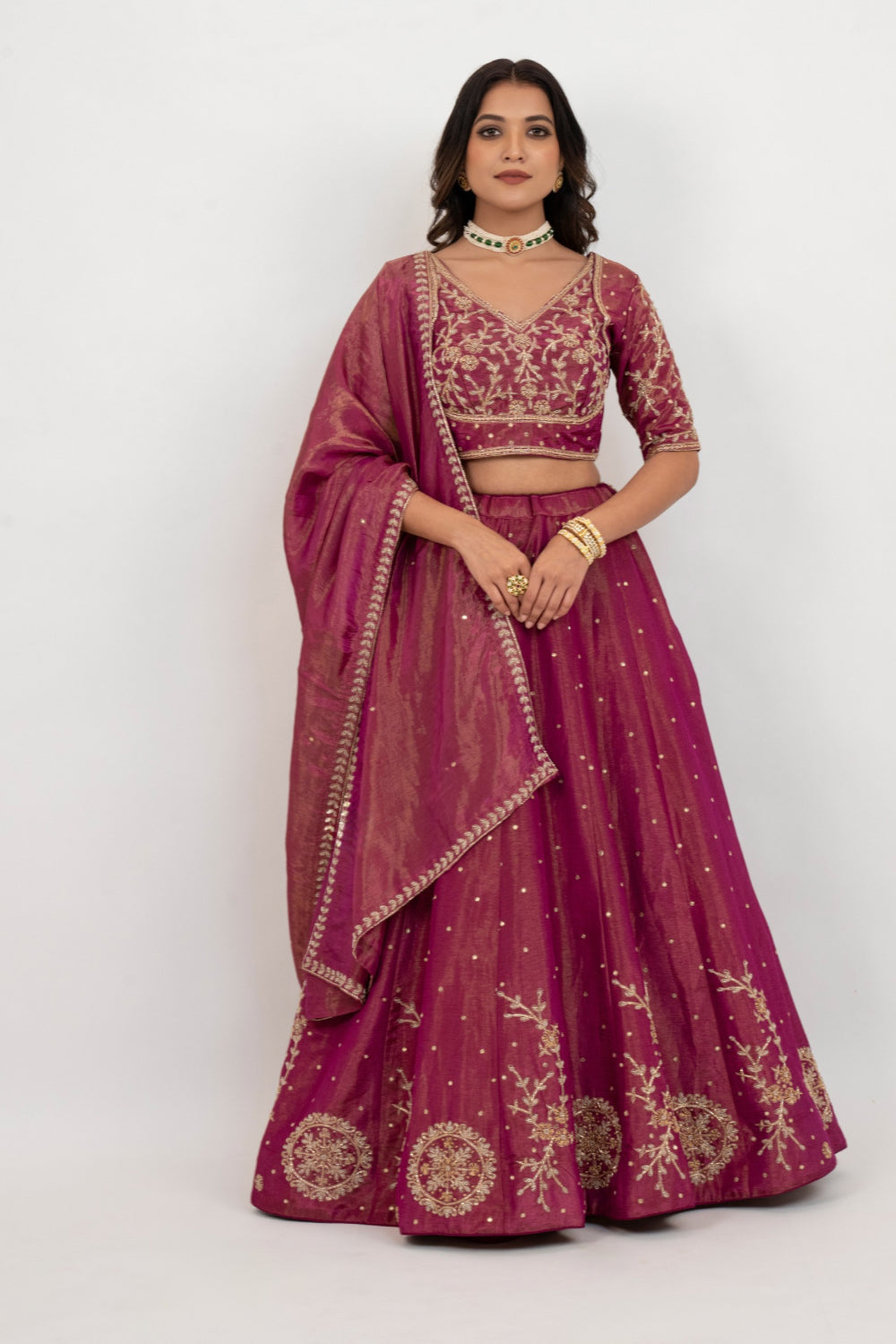 Magenta tissue silk zardozi embroidered lehenga choli with hand cut dana and beads work