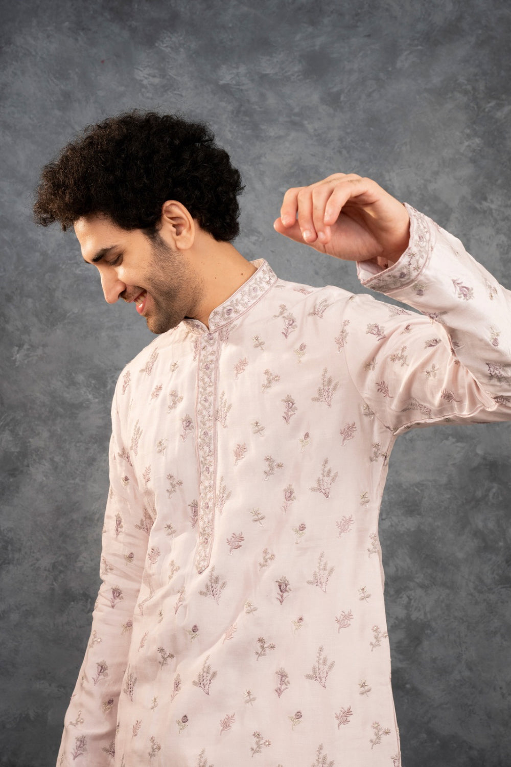 Cream silk kurta set with resham embroidery and sequins work