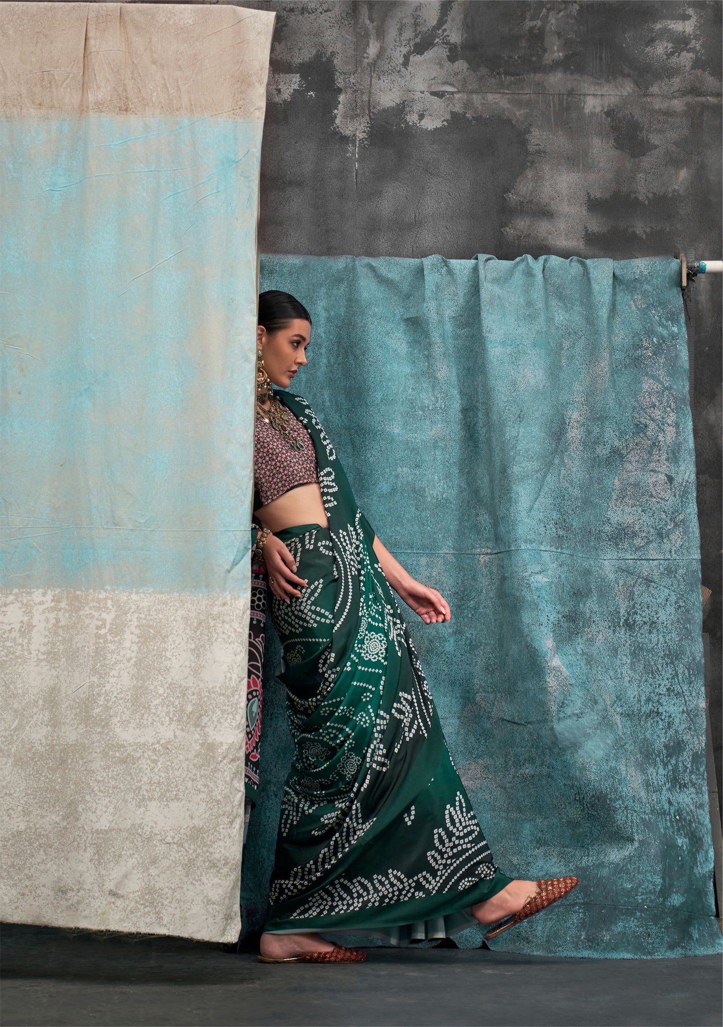 Dark Green Kernia's Printed Pure Silk Crepe Saree