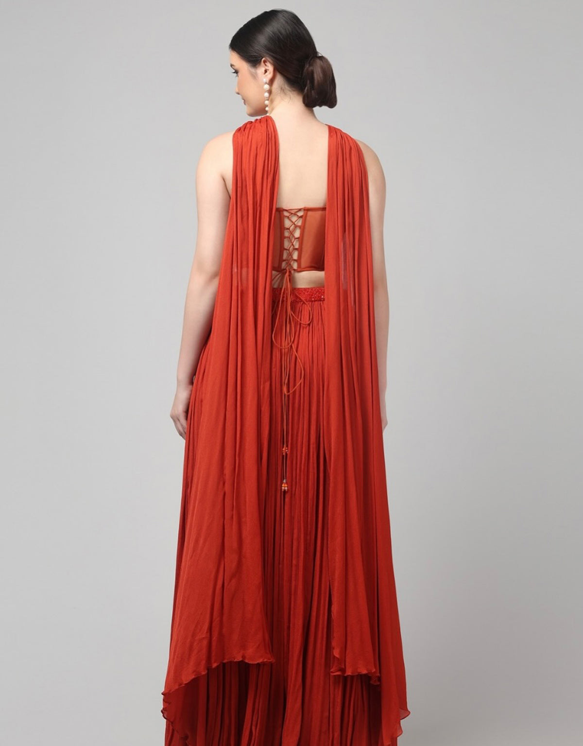 Rust Orange Corset Pure Chinnon Cutdana & Sequence Hand Work Party Wear  pleated Skirt & Dupatta