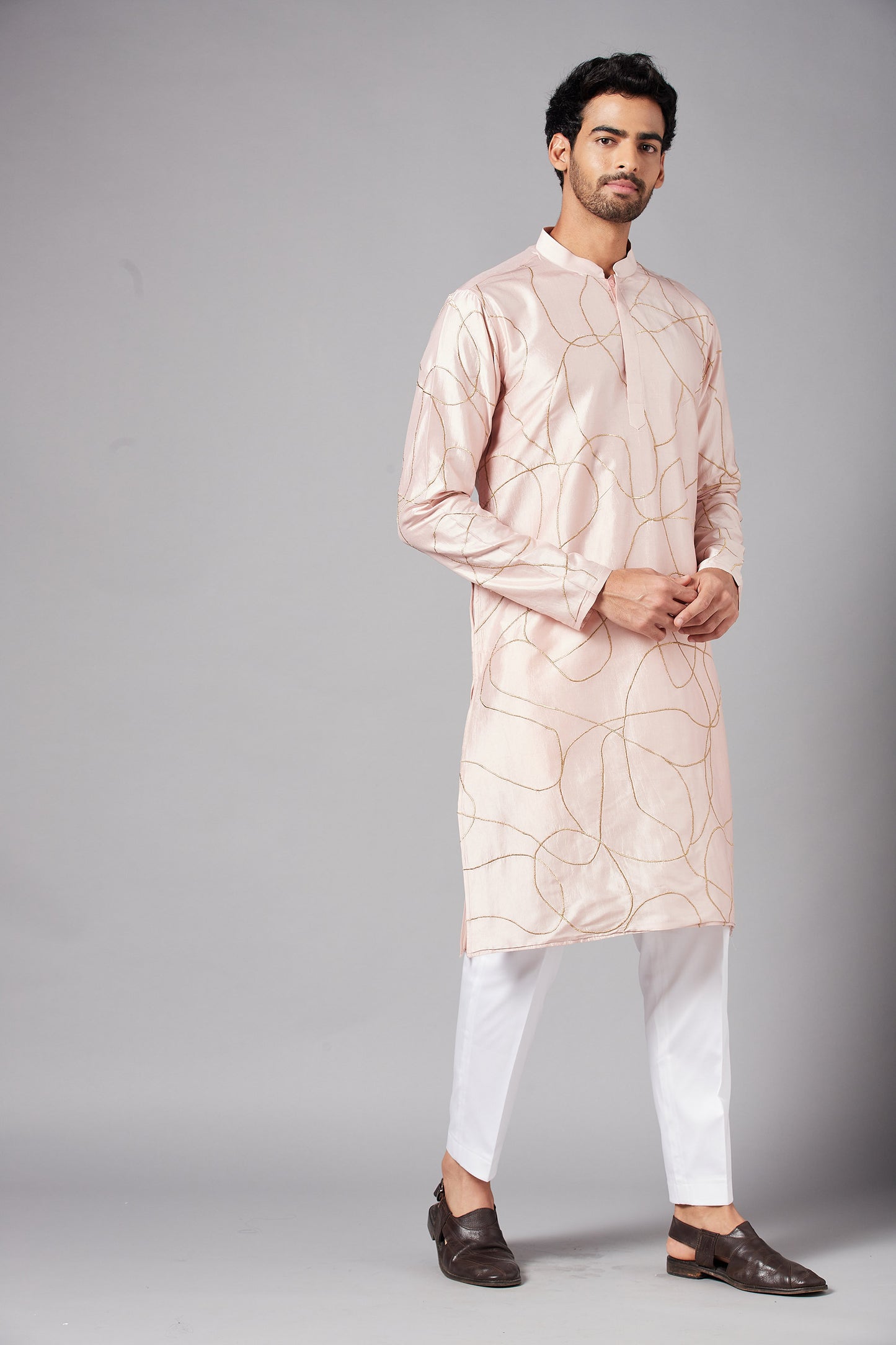 Peach Dupion Silk Machine Embroidery Casual ( only Kurta )