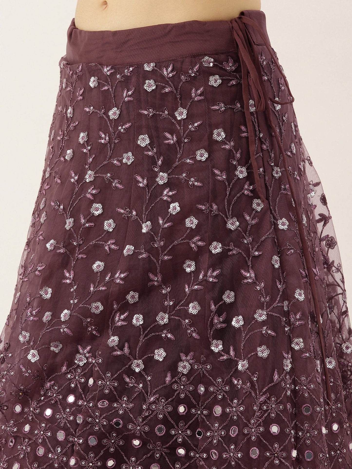 Burgundy Net Semi Stitched Coding, Sequins and Mirror work Lehenga Choli