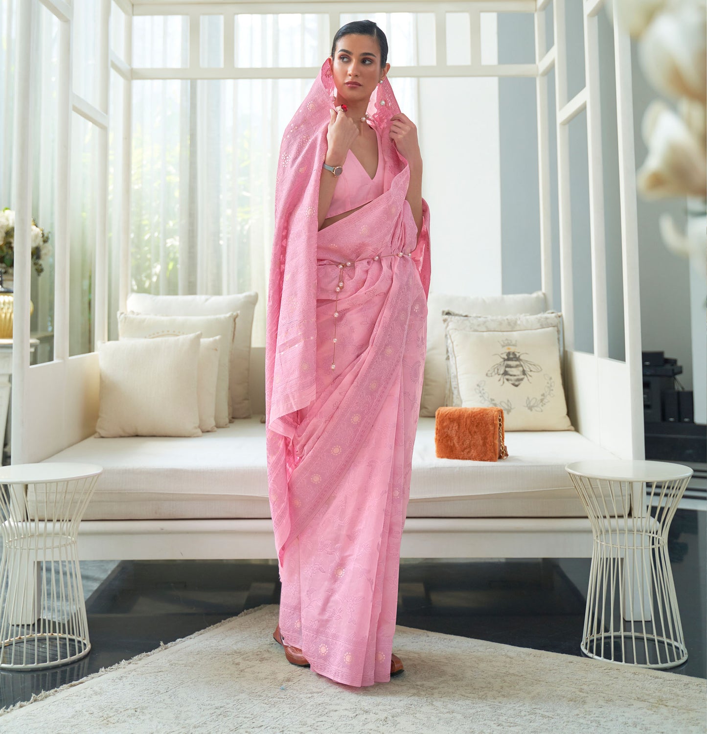 Pink Kashidha Lucknowi Chikankari woven saree