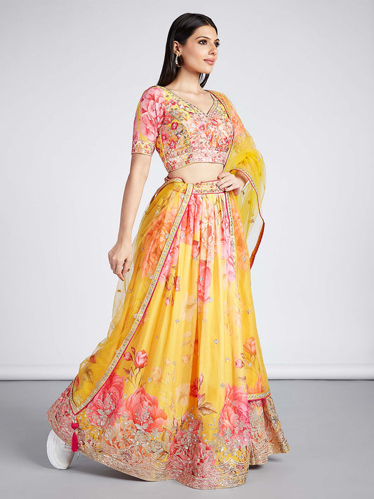 Yellow colour Organza Floral design digital print Lehenga choli