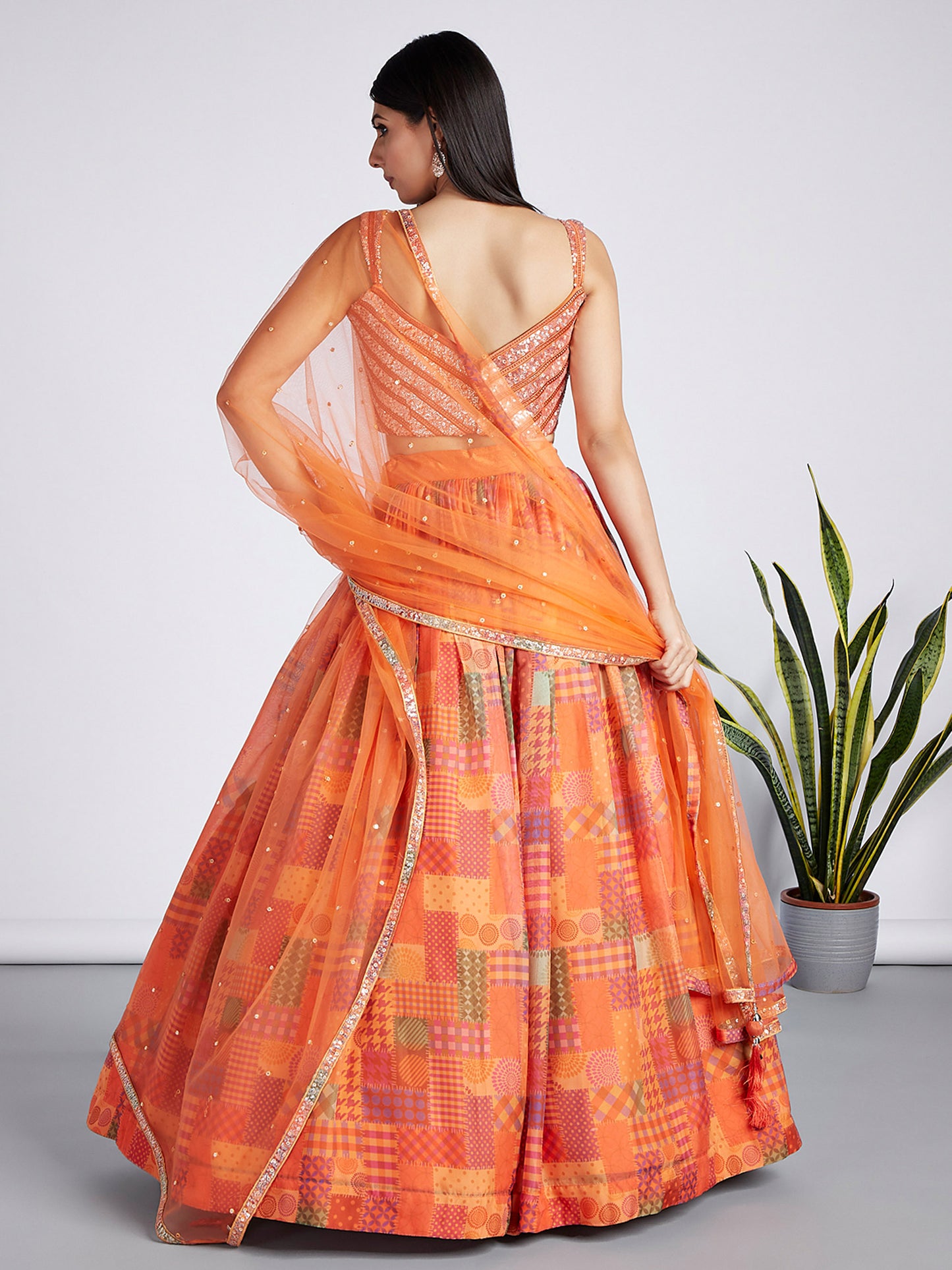 Orange colour Organza Treditional design digital print Lehenga