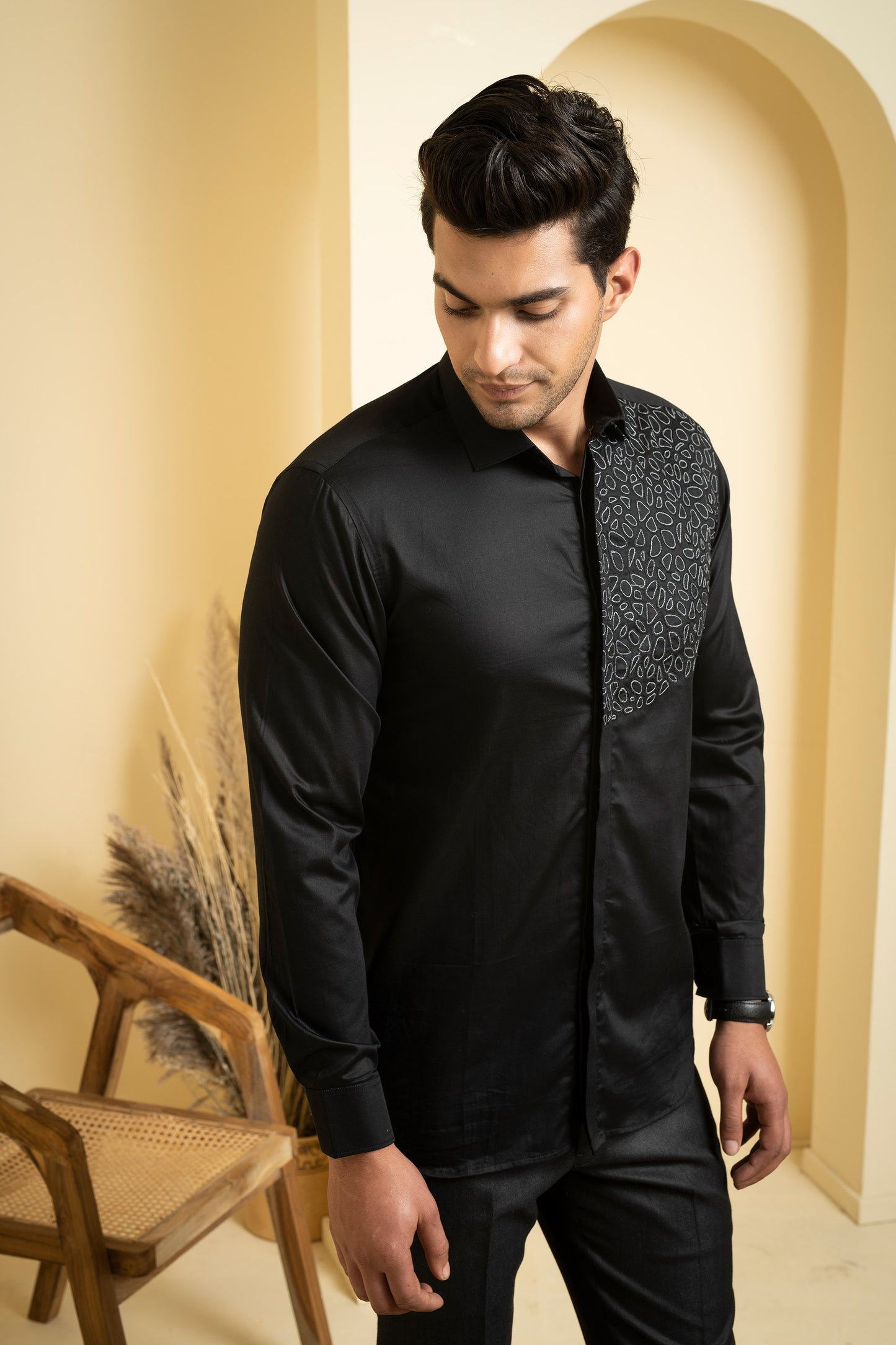 Black Giza Cotton Distorted Plain Shirt