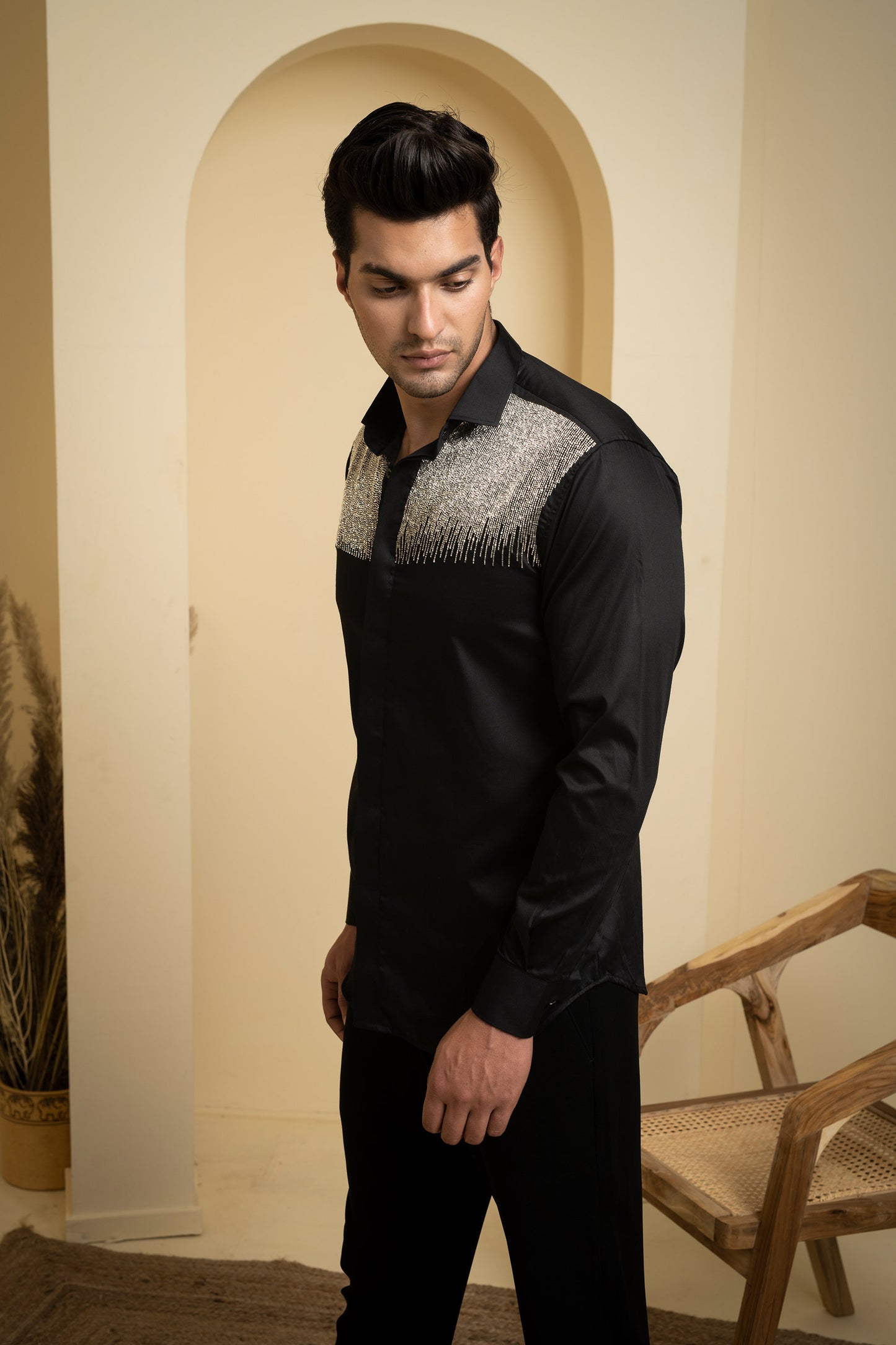 Black Giza Cotton Glare Sangeet Shirt