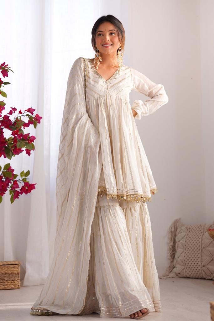 Sajna White Georgette Zari Weaving Festive Sharara Set