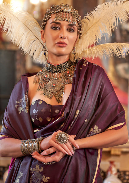 Maroon Kanthkala Satin Silk Handloom Saree