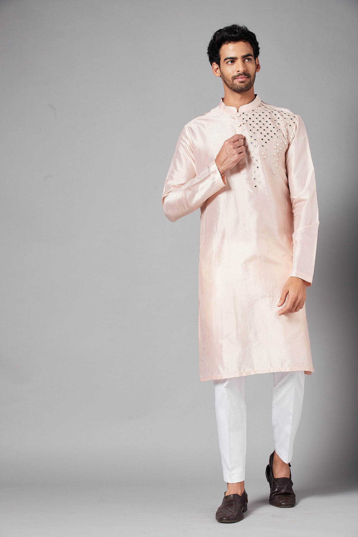 Peach Dupion Silk Mirror Work Festive ( only Kurta )