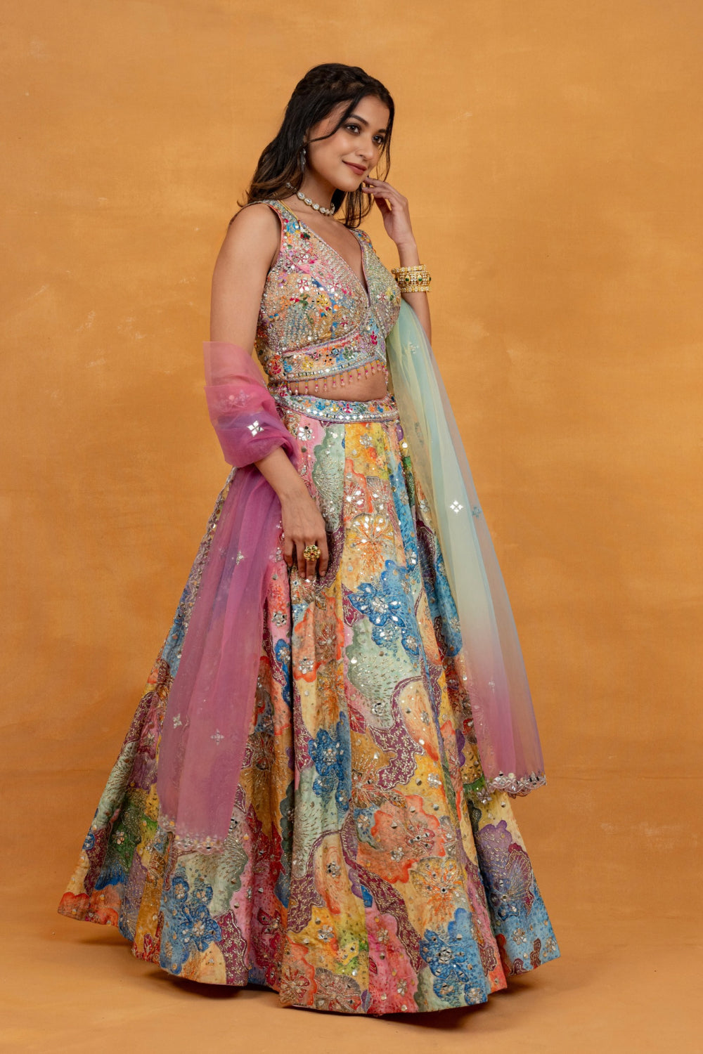 Multicolour printed silk lehenga choli with mirror, foil, sequins and bead work