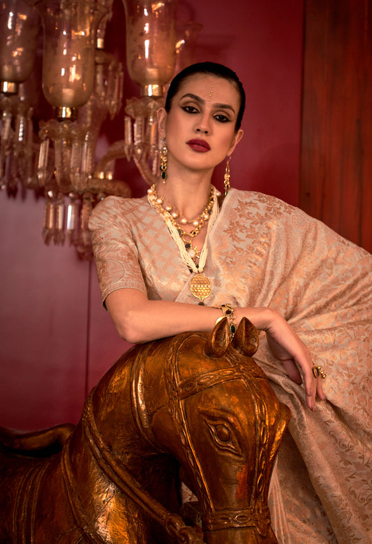 Apricot Kalkatti Zari Handloom Silk Saree