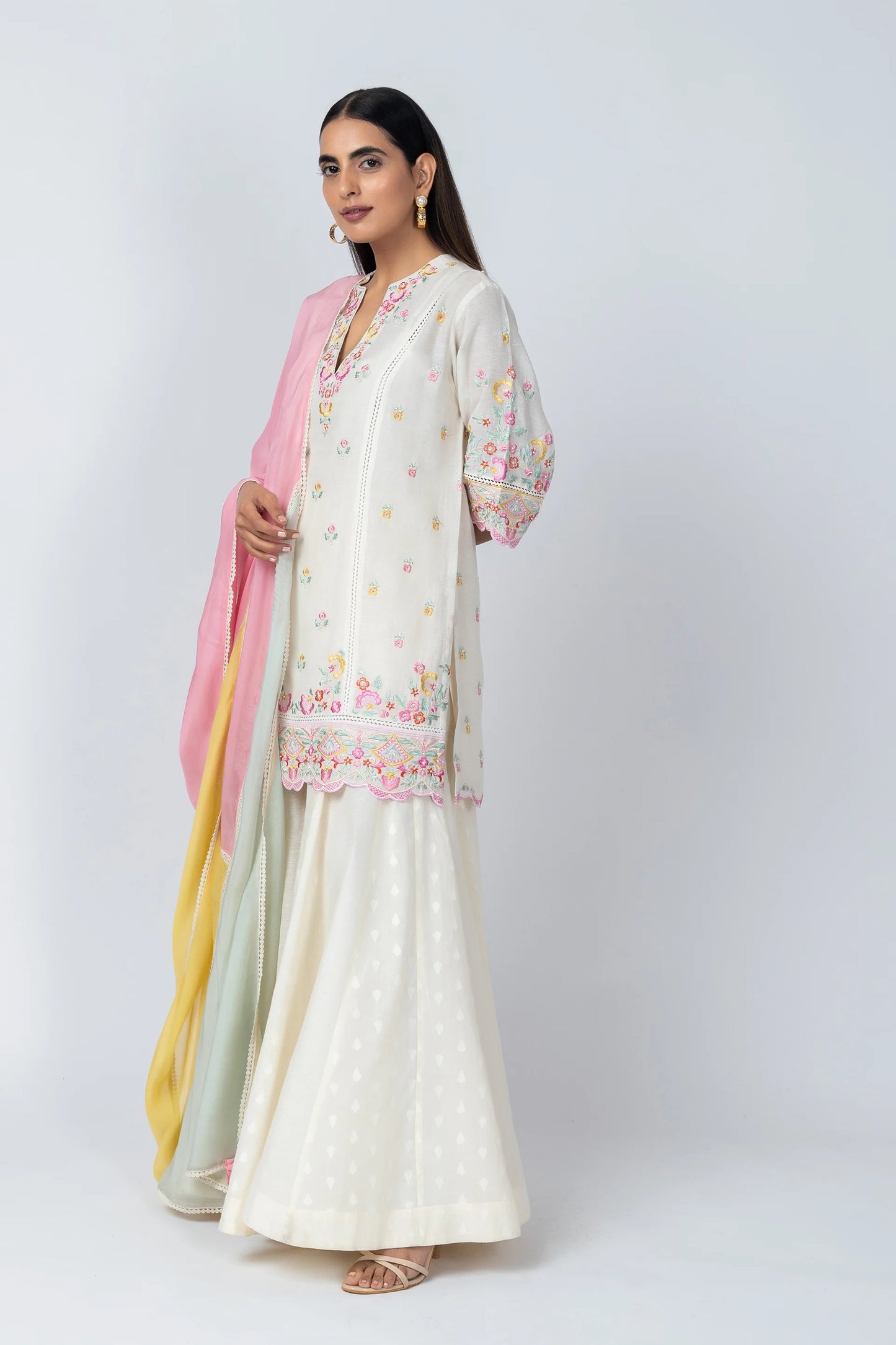 Kaari Natural Linen Kurta with Jacquard Sharara