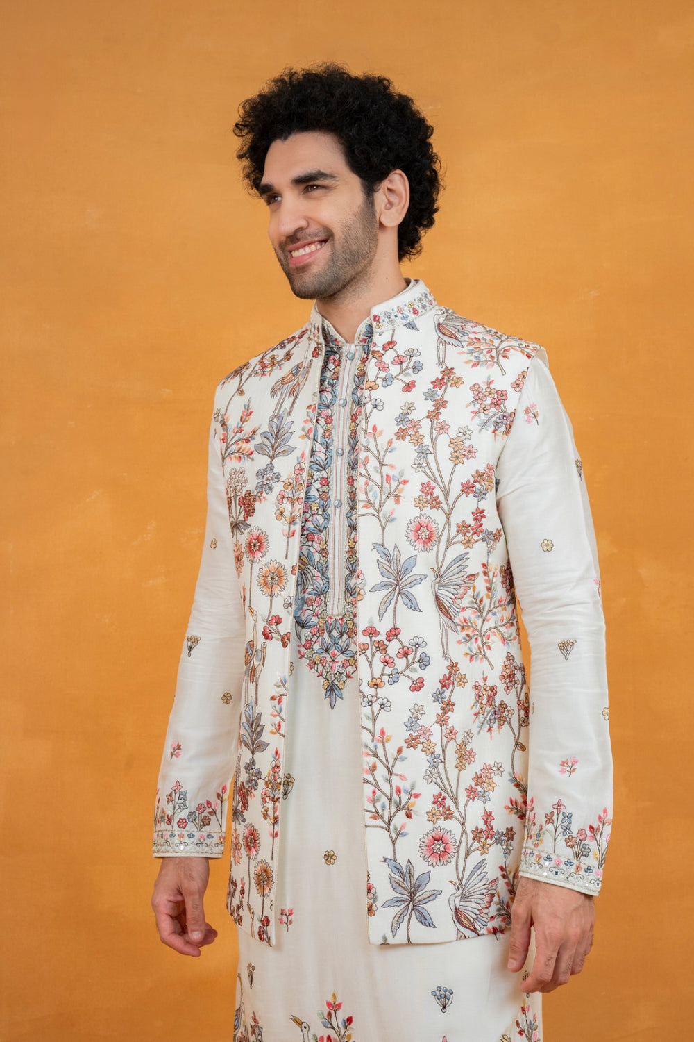 White silk open koti set with multicolour floral thread embroidery