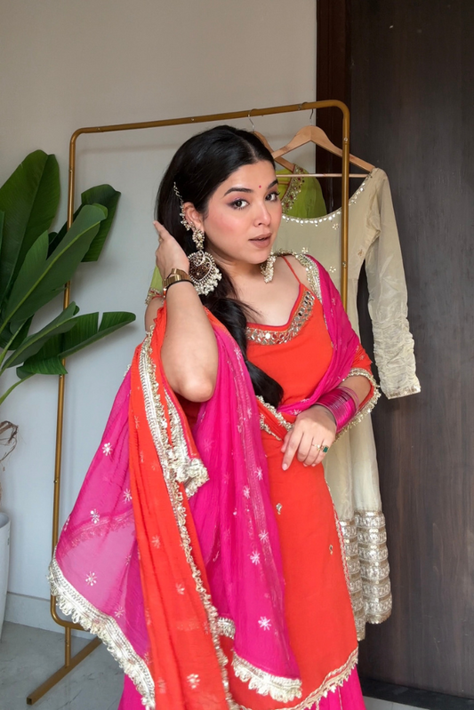 Madhuri Pink & Orange Chinnon Mirror & Zari Handwork Skirt Set