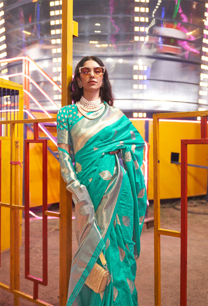 Peacock Teal Karnival Handloom Silk Saree