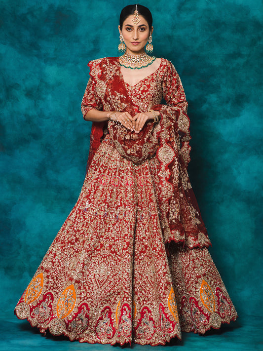 Dark Red Color Zardozi Embroidery Bridal Lehenga