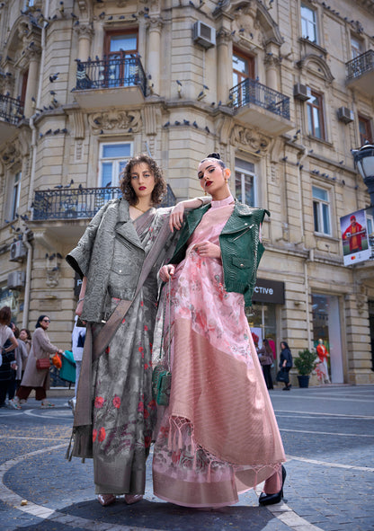 Pink Floral Kinsel Printed Poly Handloom Saree