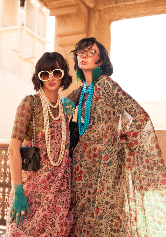 Beige Komet Printed Zari Handloom Tissue Saree