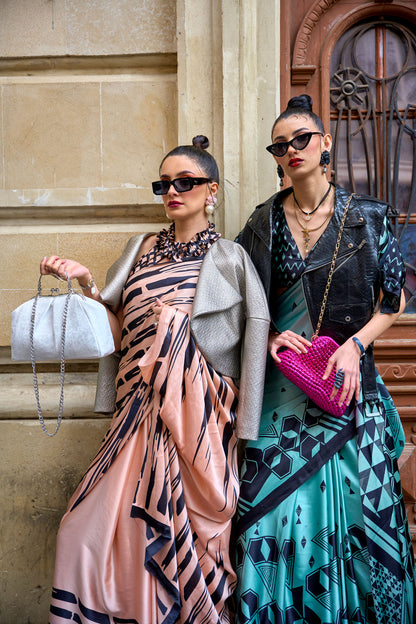 Peach Klutch Japan Satin Print Saree