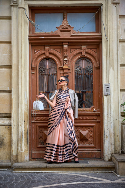 Peach Klutch Japan Satin Print Saree