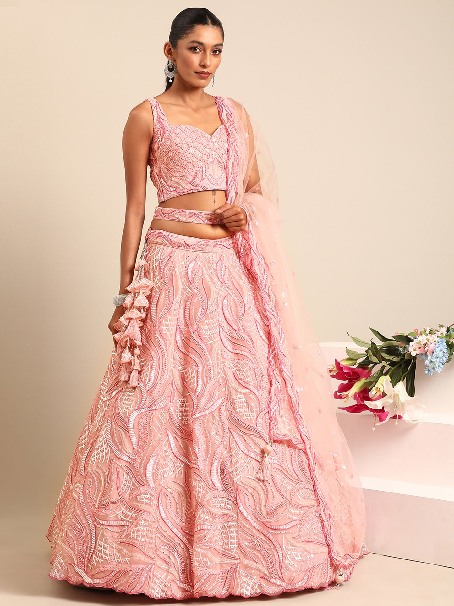 Coral Pink Net Sequins and Zarkan embroidery Lehenga