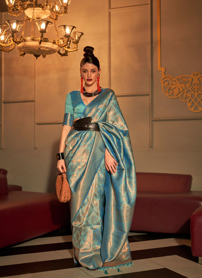 Teal Blue Kanvi Senses Two Tone Handloom Weaving Silk Saree