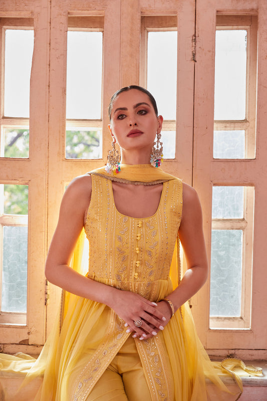 Yellow Georgette Zari & Sequins Embroidered Anarkali