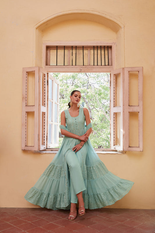 Sky Blue Georgette Zari & Sequins Embroidered Anarkali