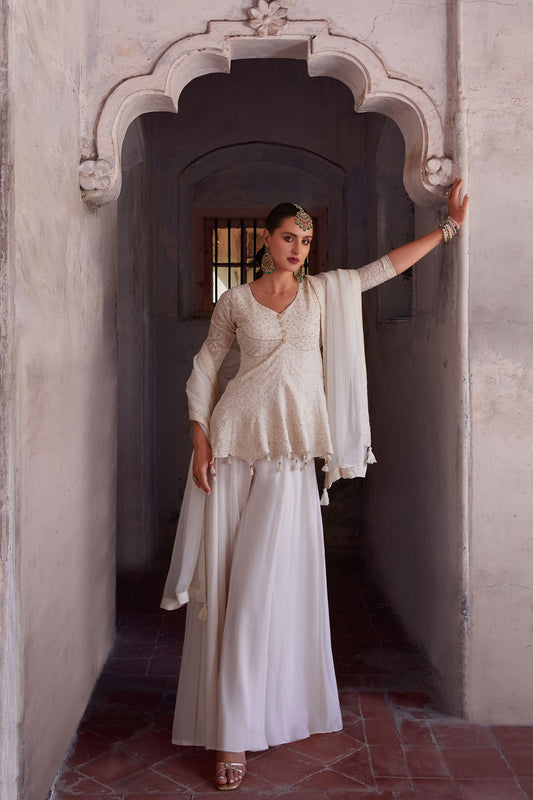 Off White Georgette Zari & Sequins Embroidered Festive Sharara