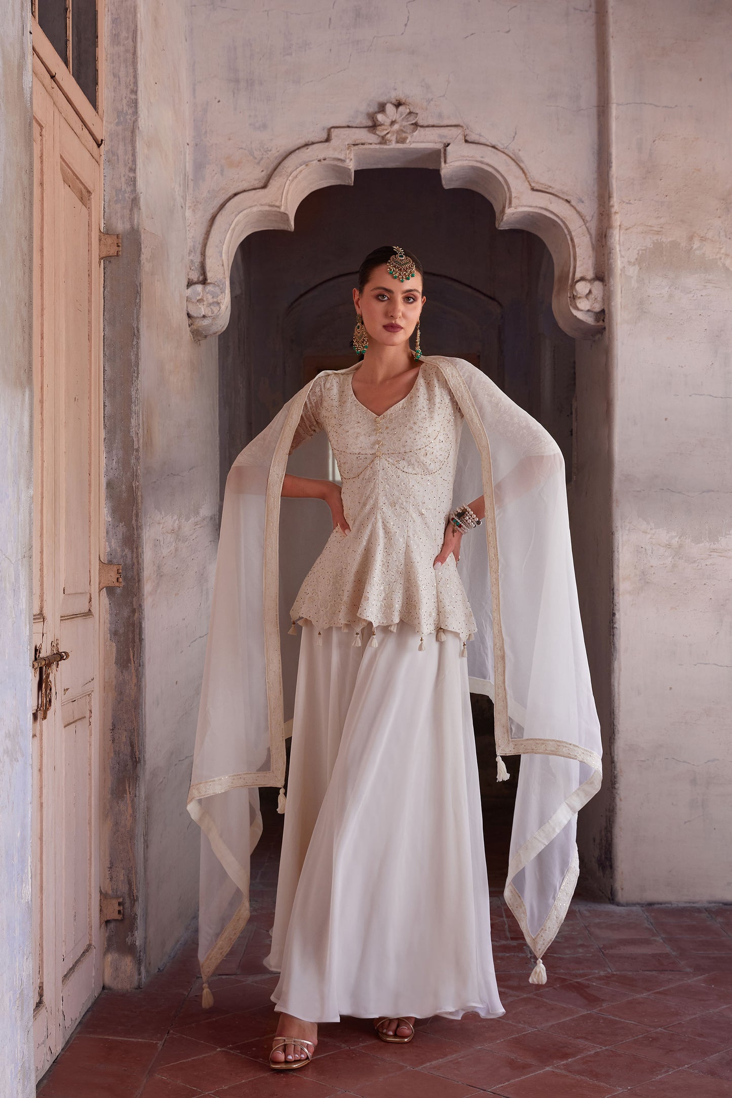 Off White Georgette Zari & Sequins Embroidered Festive Sharara