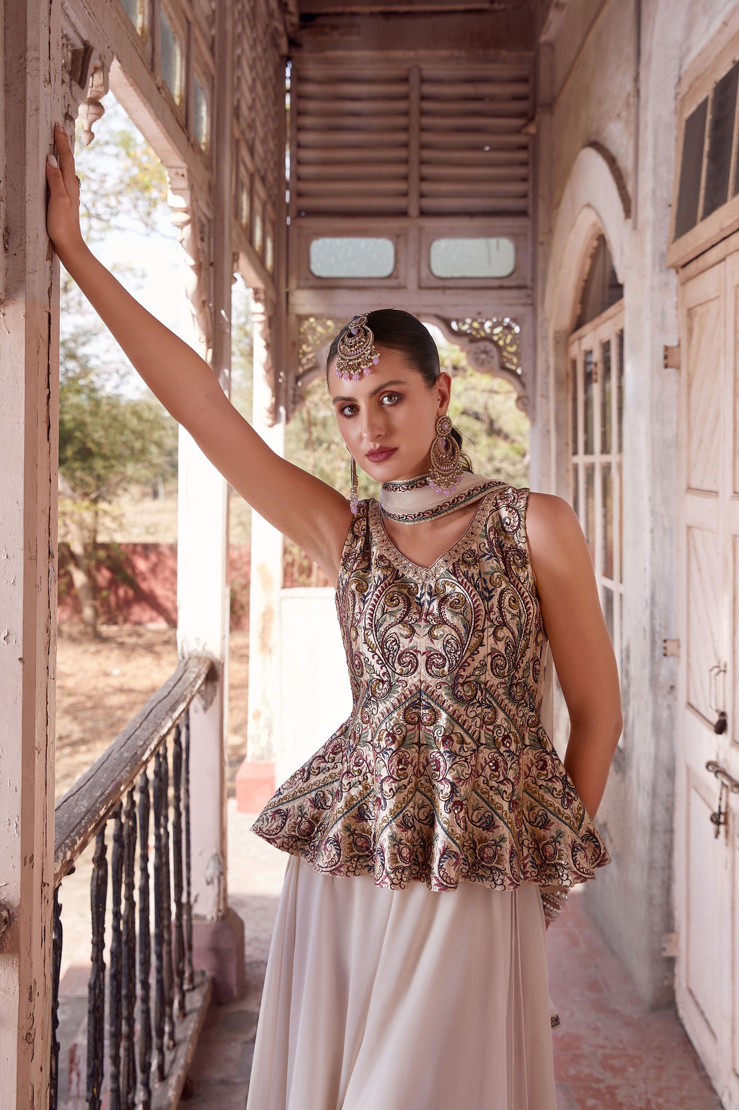 Off White & Beige Georgette Zari & Sequins Embroidered Festive Sharara