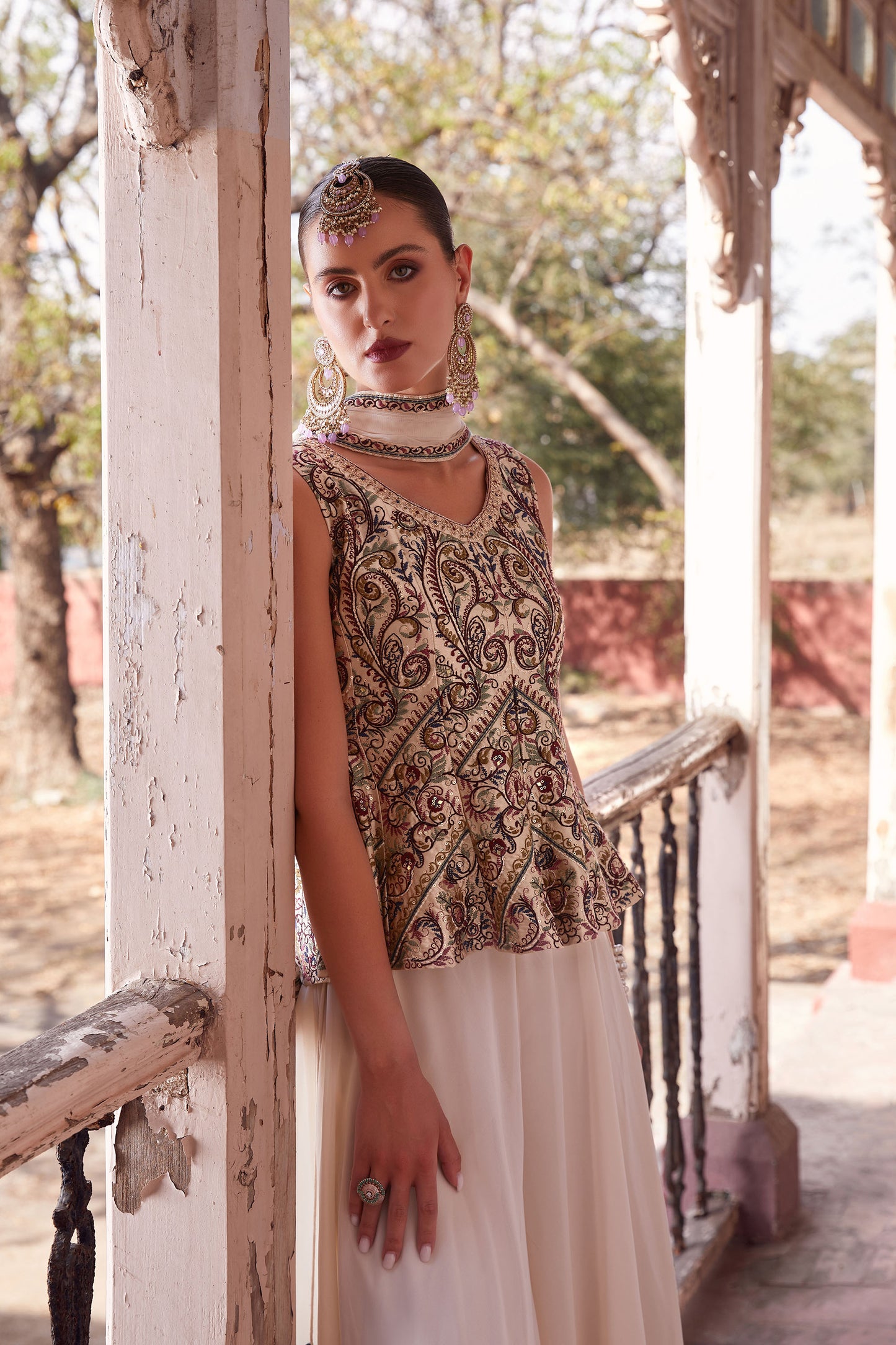 Off White & Beige Georgette Zari & Sequins Embroidered Festive Sharara