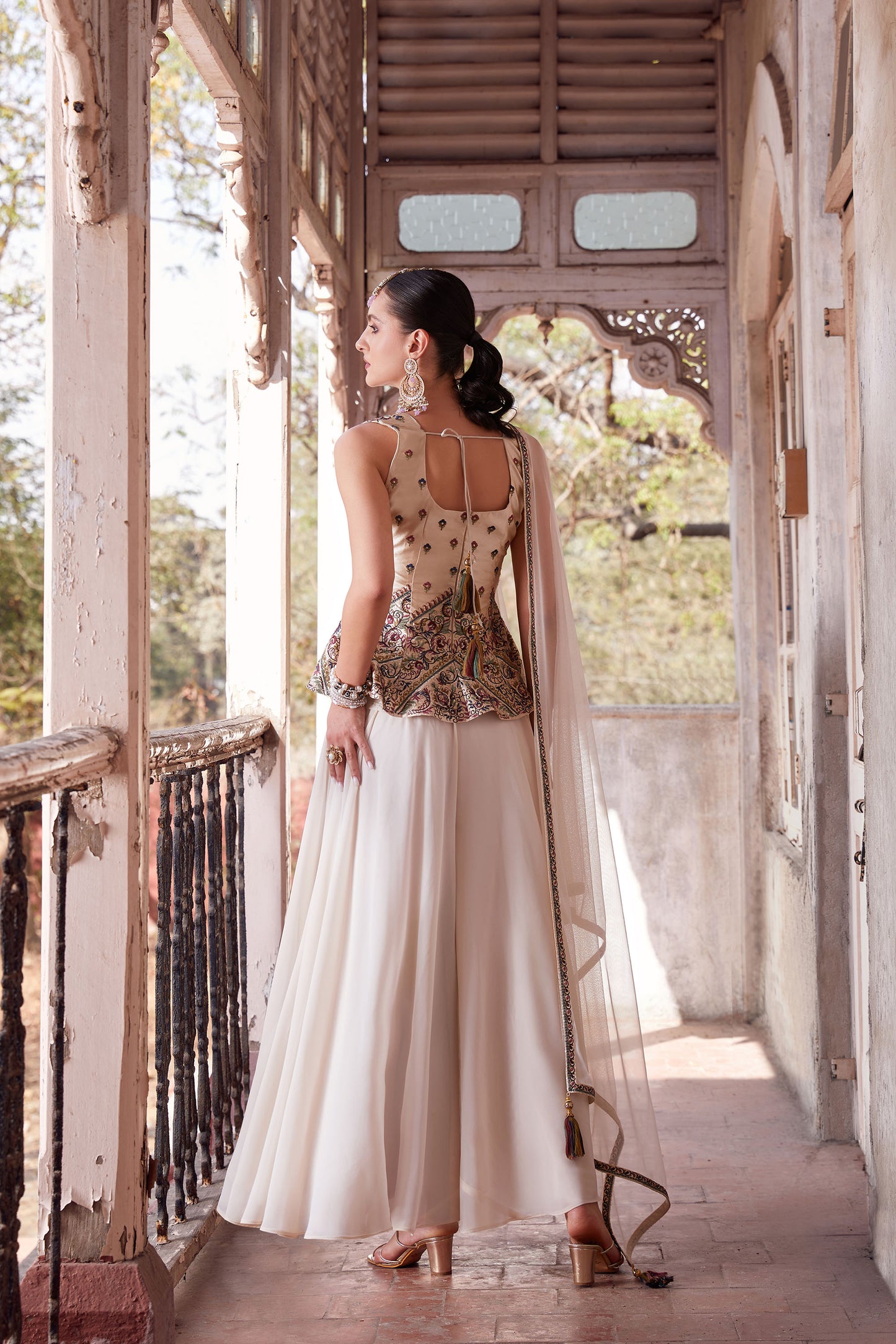 Off White & Beige Georgette Zari & Sequins Embroidered Festive Sharara