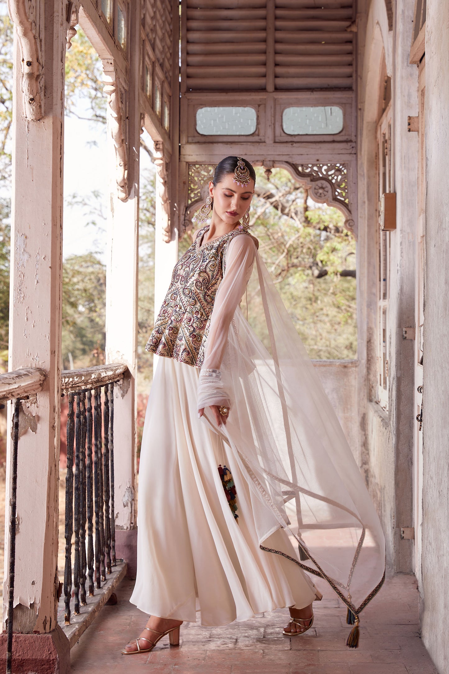 Off White & Beige Georgette Zari & Sequins Embroidered Festive Sharara