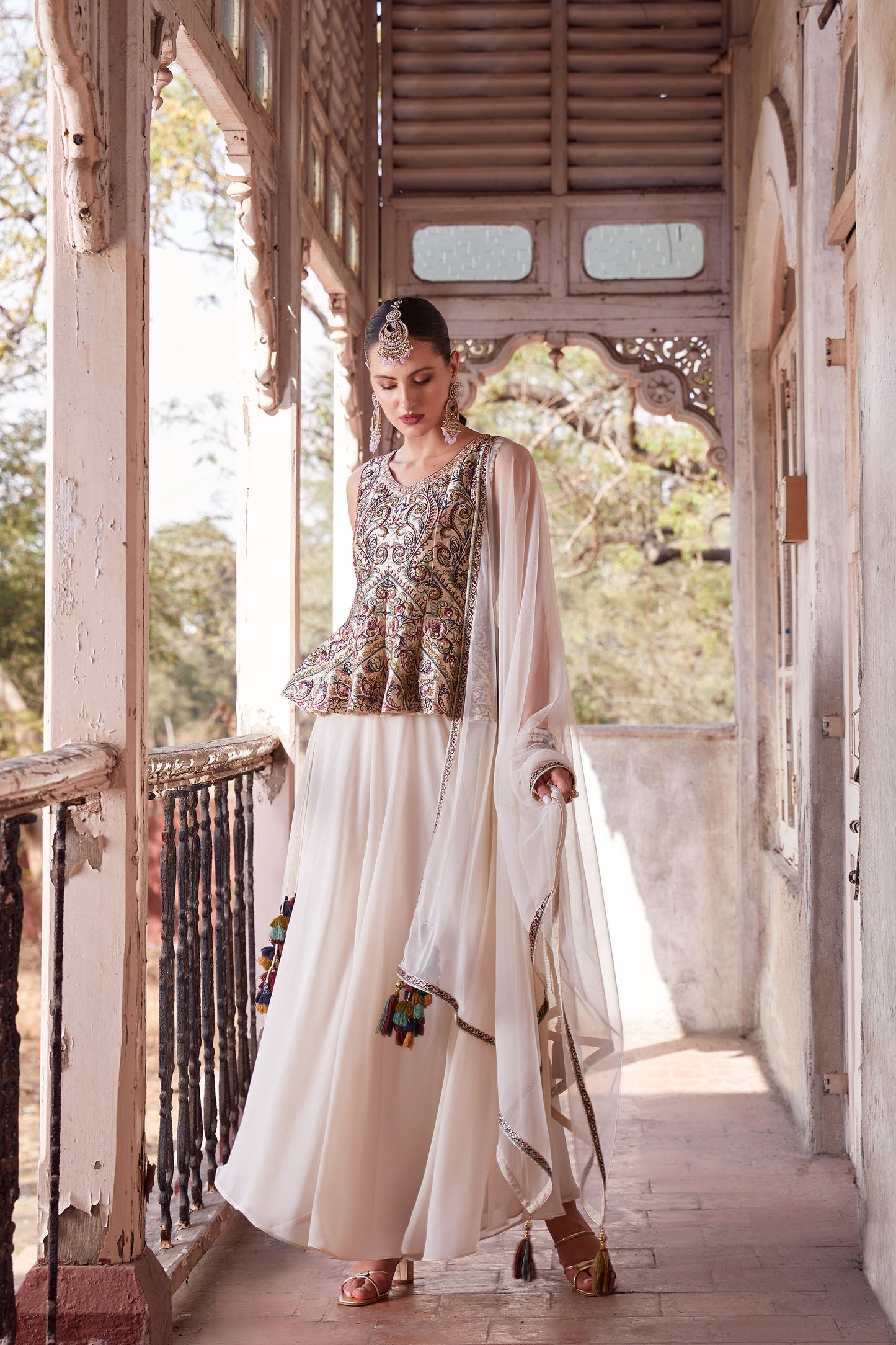 Off White & Beige Georgette Zari & Sequins Embroidered Festive Sharara