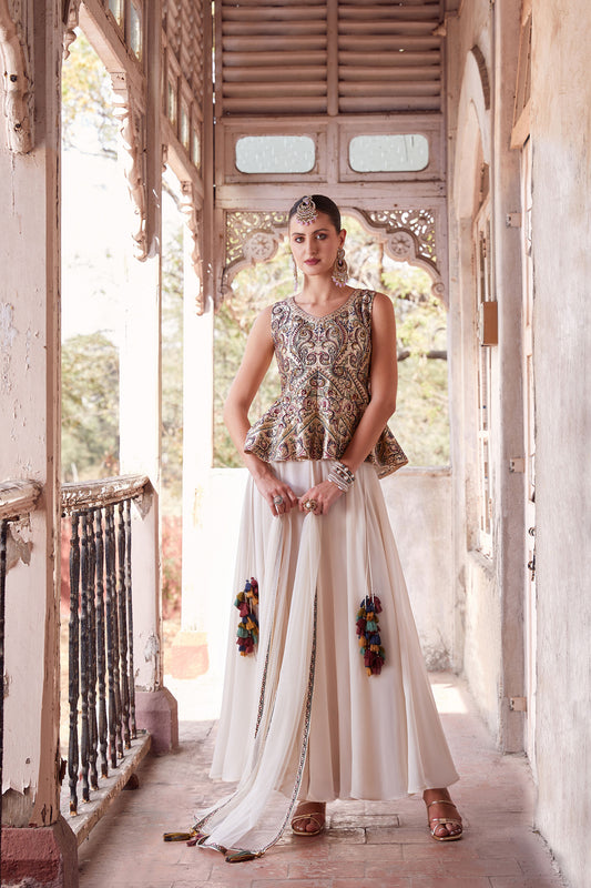 Off White & Beige Georgette Zari & Sequins Embroidered Festive Sharara
