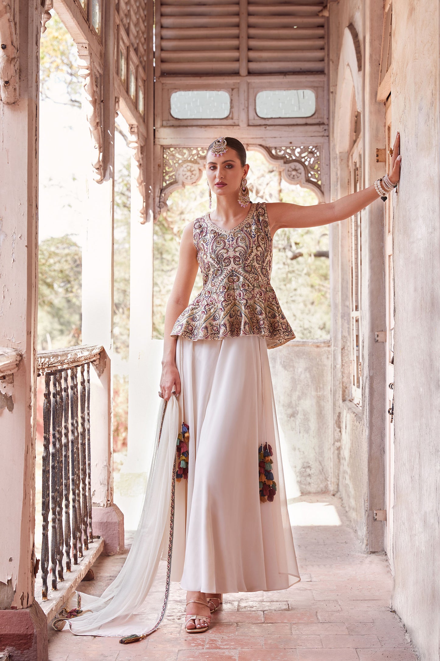 Off White & Beige Georgette Zari & Sequins Embroidered Festive Sharara