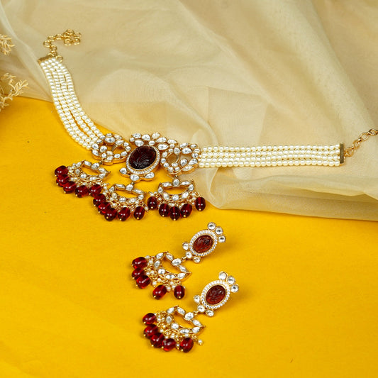 Zevar Club White Pearl Beaded Choker Necklace Set with Maroon Stone & White Kundan Studded Pendant and Earrings for Women