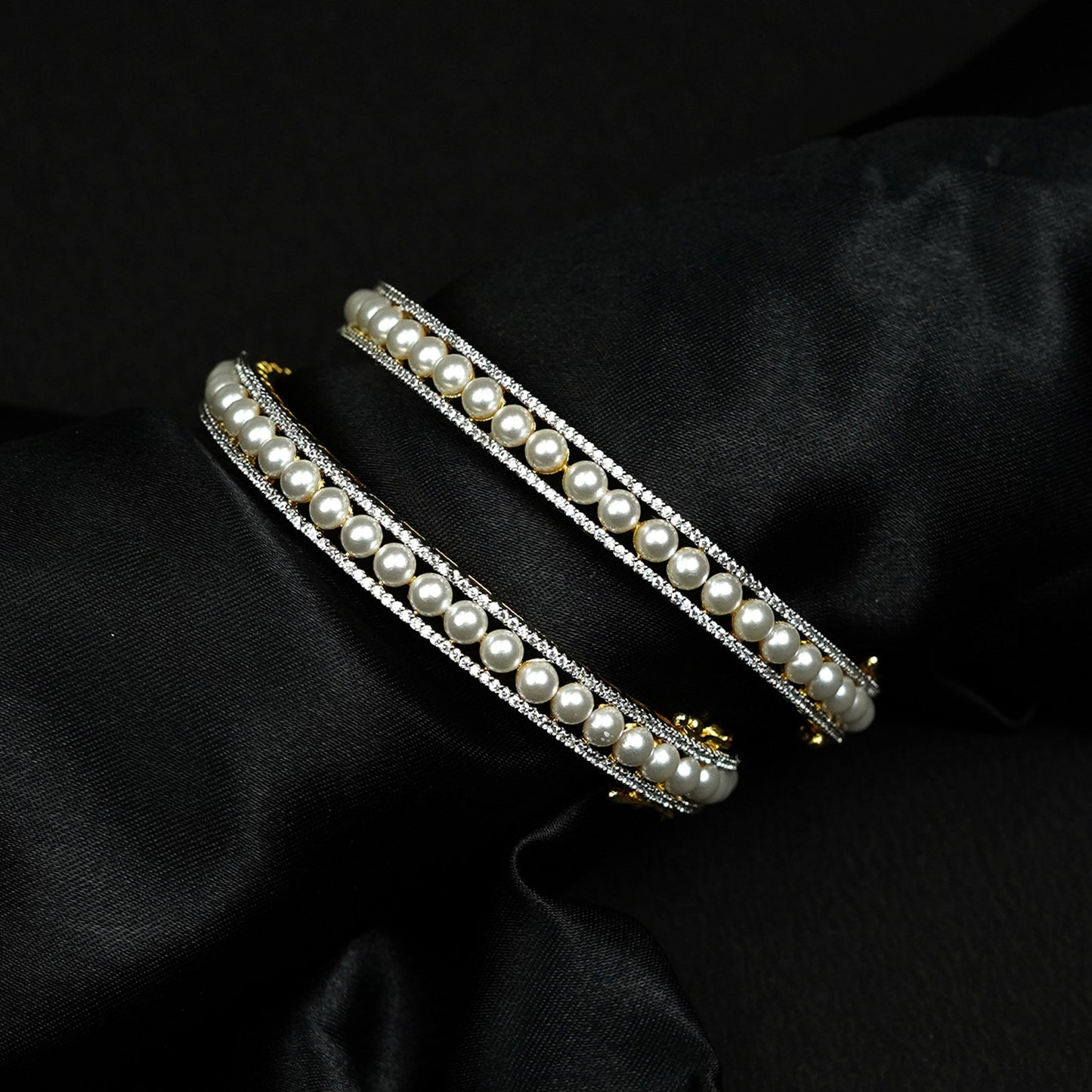 Zevar Club Set of 2 22K Gold-Plated Handcrafted Pearl Beaded & AAA Cubic Zirconia Studded Premium Bangles
