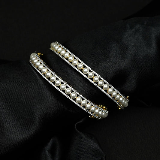 Zevar Club Set of 2 22K Gold-Plated Handcrafted Pearl Beaded & AAA Cubic Zirconia Studded Premium Bangles