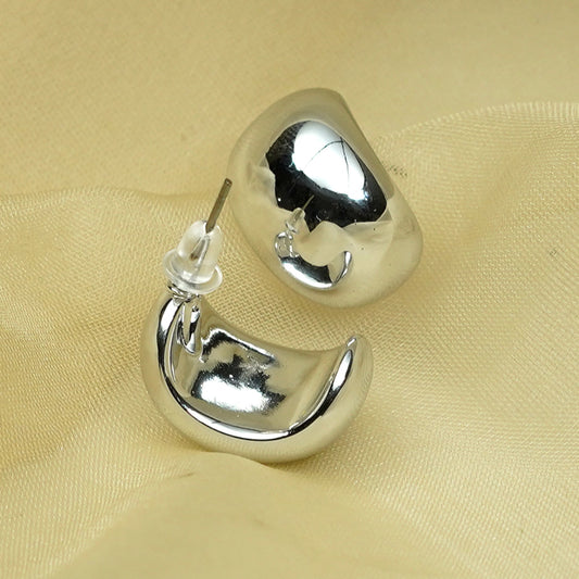 Zevar Club Glossy Silver Tone Stainless Steel Tarnish Free Waterproof Chunky Sculpted Half-Hoop Earrings for Women