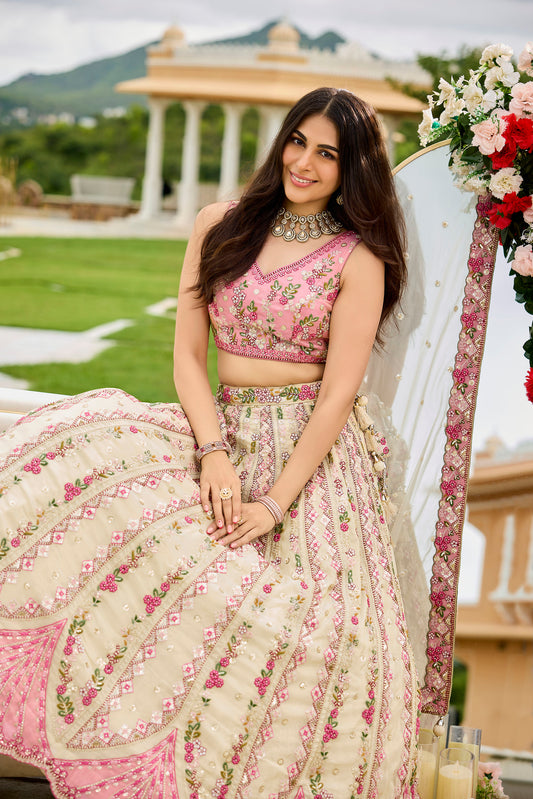 Cream Tissue Sequins Embroidery Engagement Lehenga for Bride
